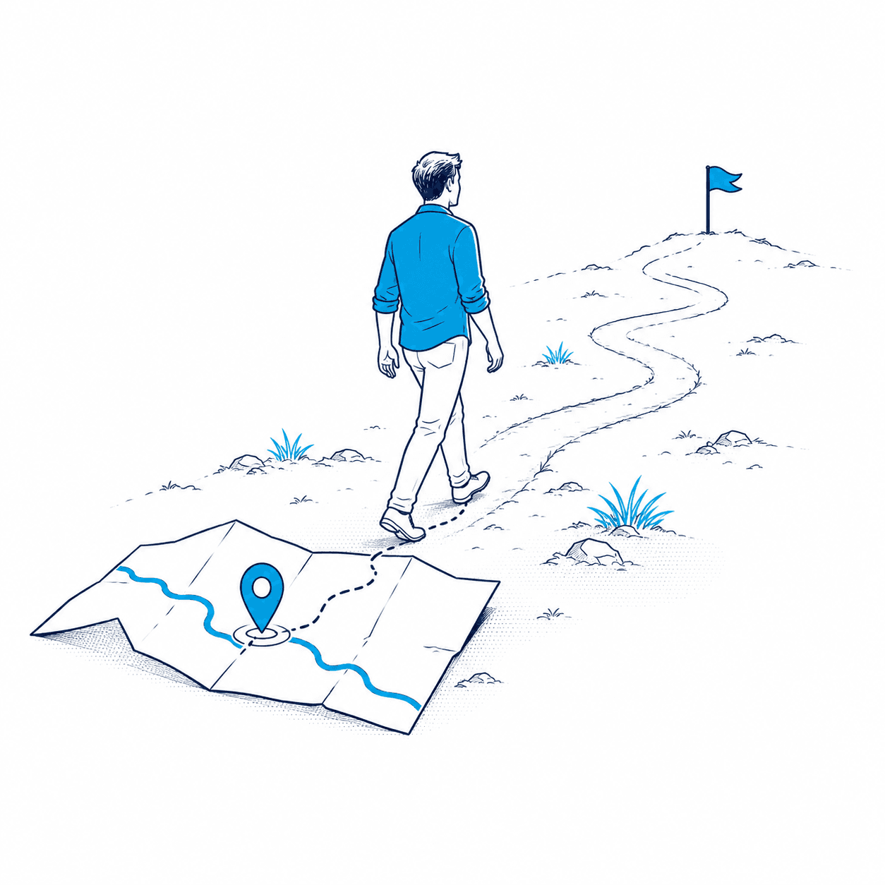 A person reading a map with a marked route and a flag on the horizon — practice is the way through