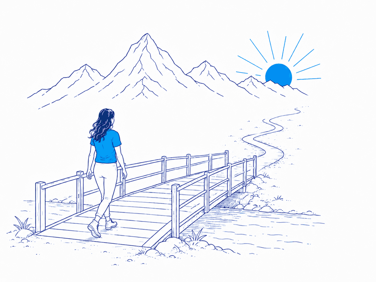 A woman crossing a footbridge toward a path winding into the sunrise