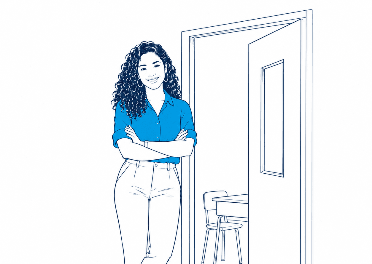Illustration — a woman standing at an open doorway