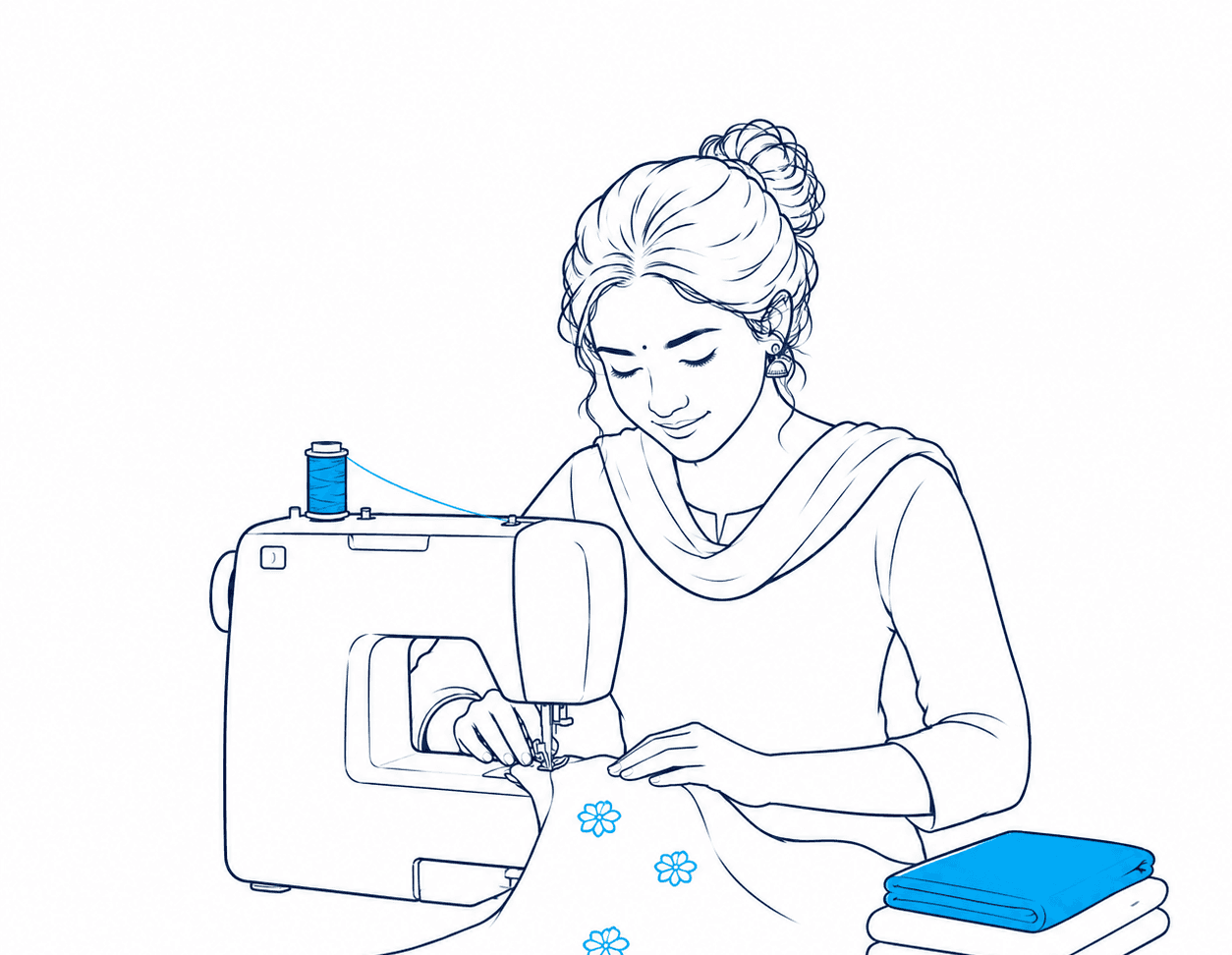 Illustration — a sewing machine on a wooden table