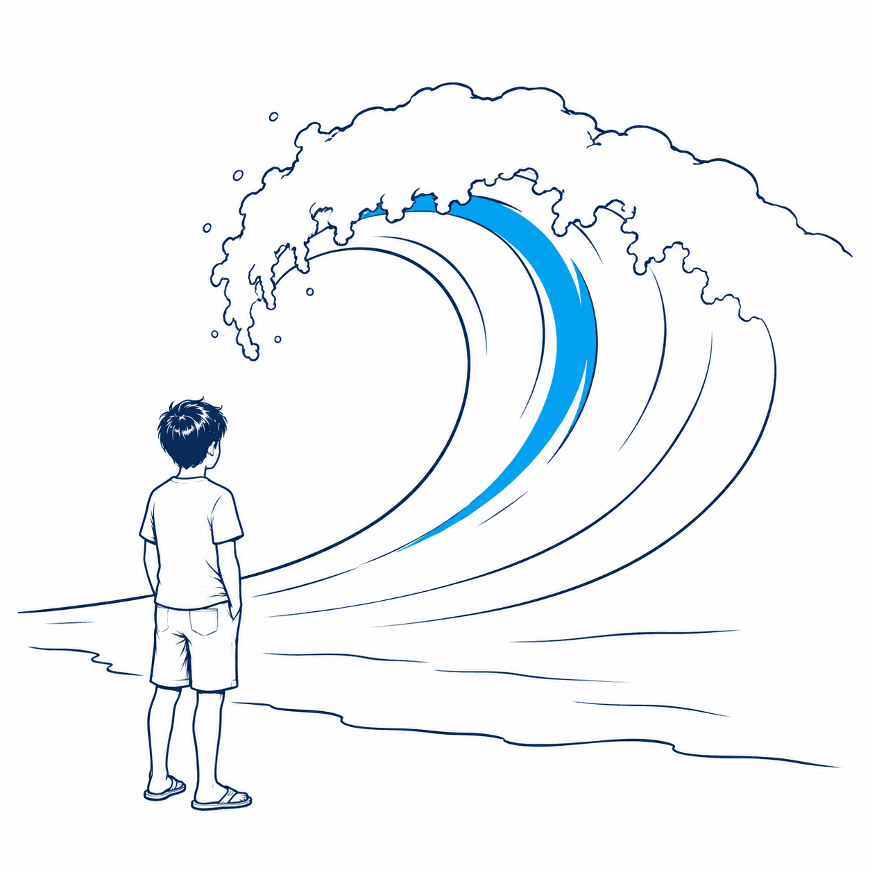 Illustration — a large wave rising toward a coastline