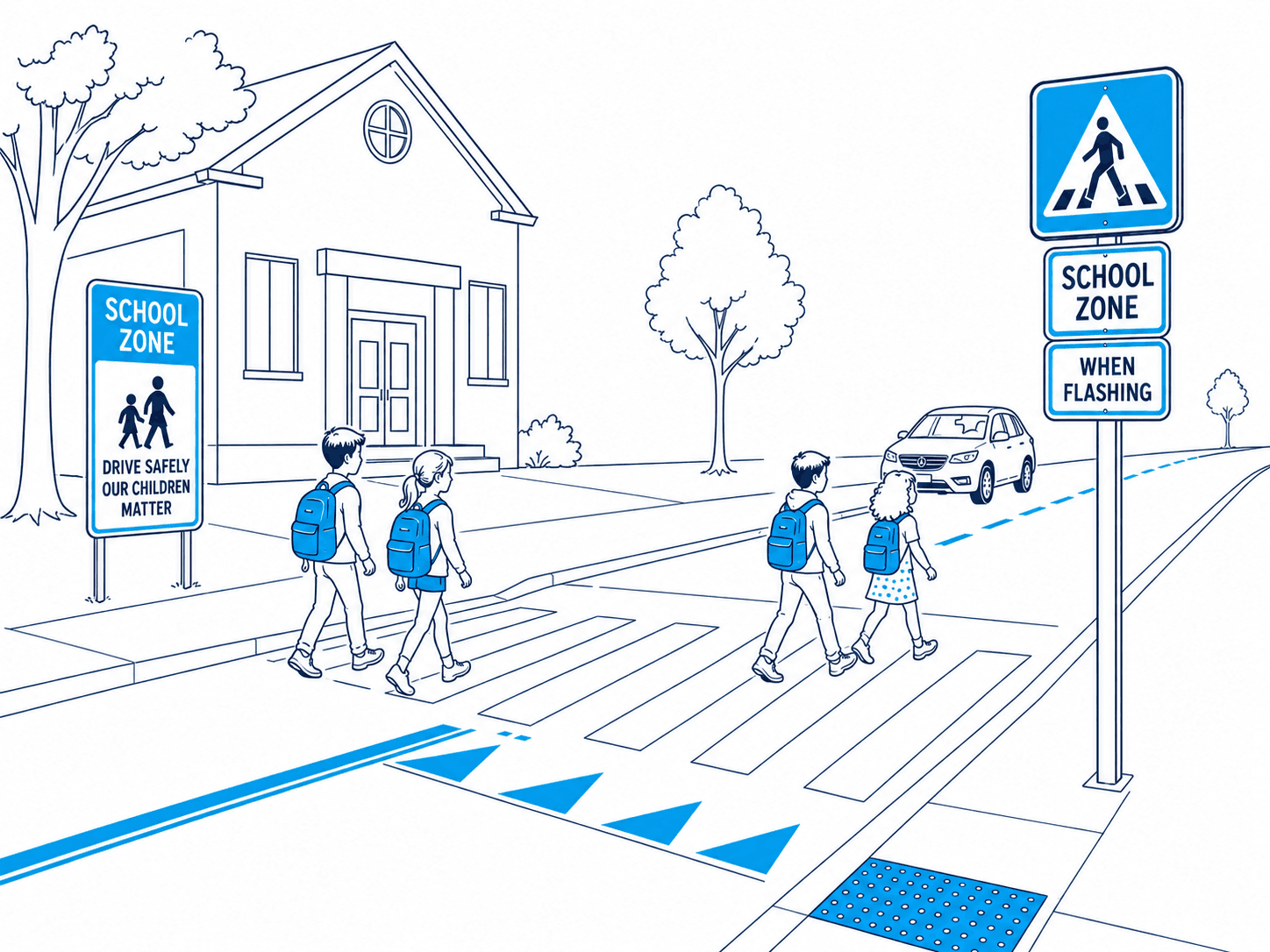 Illustration of the Hikmat Road Safety Program — children crossing safely at a marked school-zone pedestrian crossing