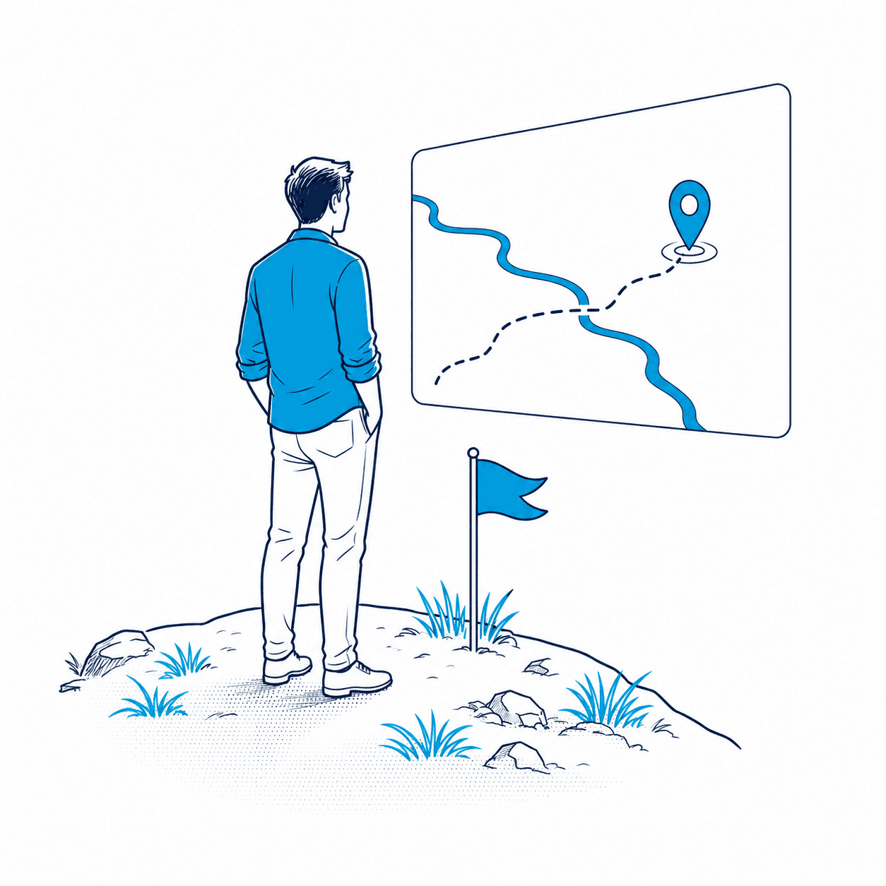 A person reading a map with a marked route and a flag on the horizon — an honest look at where they’re standing