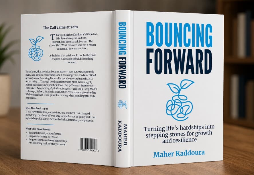 The Bouncing Forward book cover — a navy and blue title treatment with the leaf and knot logo mark