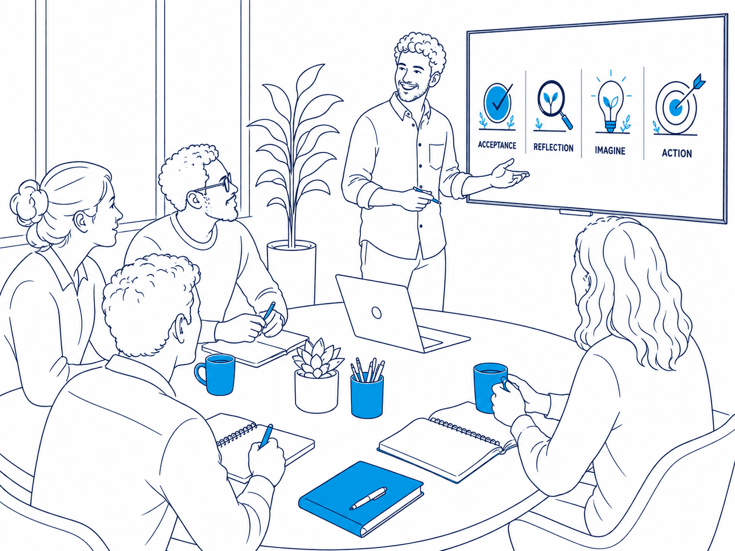 A facilitator leading a small team through the Accept, Reflect, Imagine, Action framework in a bright meeting room