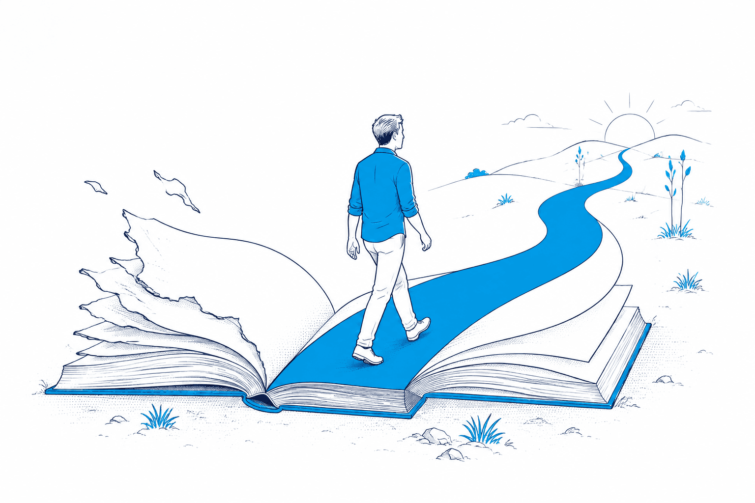 A person stepping out of an open book onto a path winding toward the sunrise — stepping into a new chapter